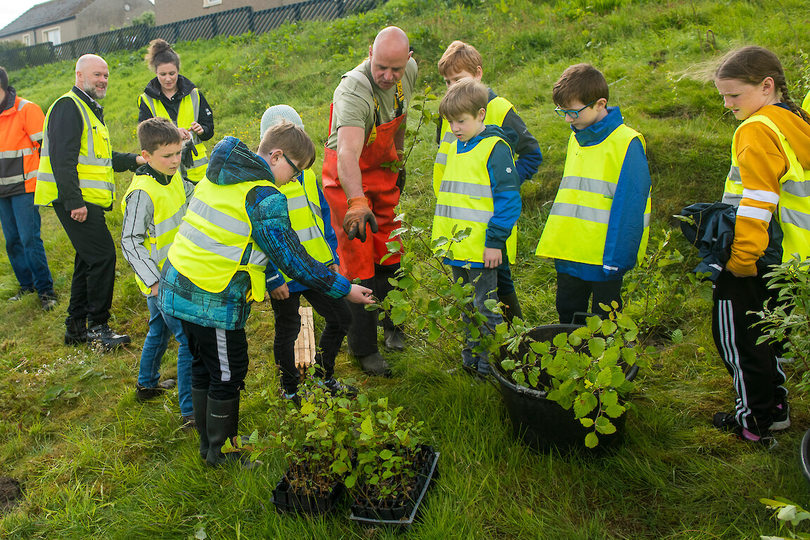Tree planting at Holmsgarth Brae with Bell's Brae School, Shetland Amenity Trust and Viking Energy Windfarm Project.