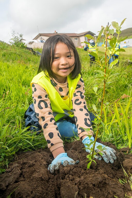 Tree planting at Holmsgarth Brae with Bell's Brae School, Shetland Amenity Trust and Viking Energy Windfarm Project.