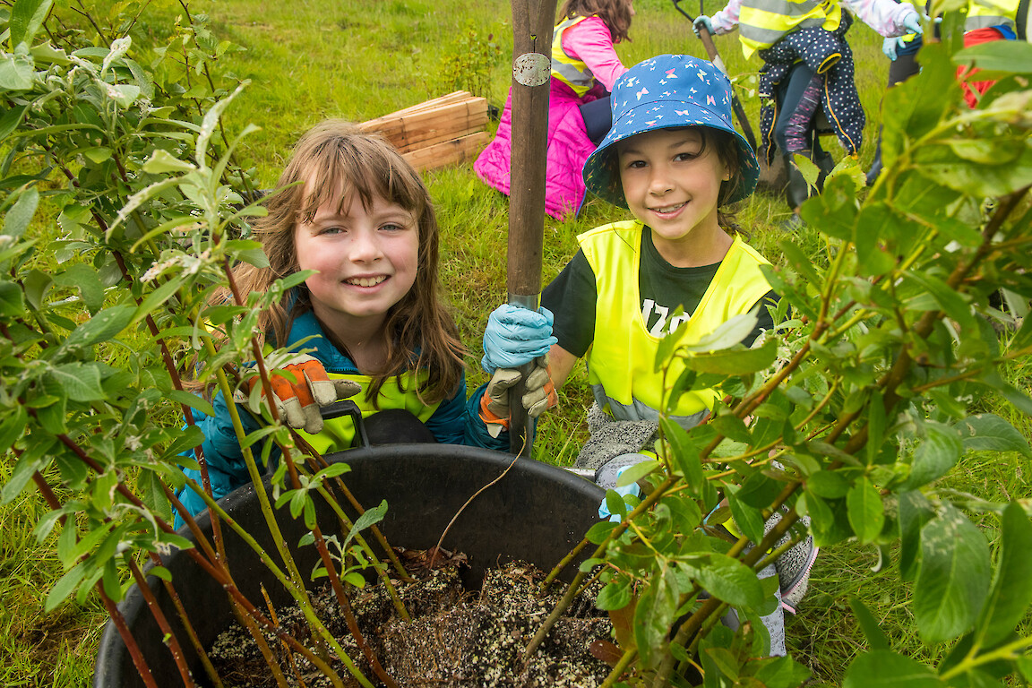 Tree planting at Holmsgarth Brae with Bell's Brae School, Shetland Amenity Trust and Viking Energy Windfarm Project.